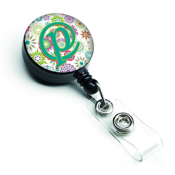 Carolines Treasures Letter P Flowers Pink and Teal Green Initial Retractable Badge Reel CJ2011-PBR